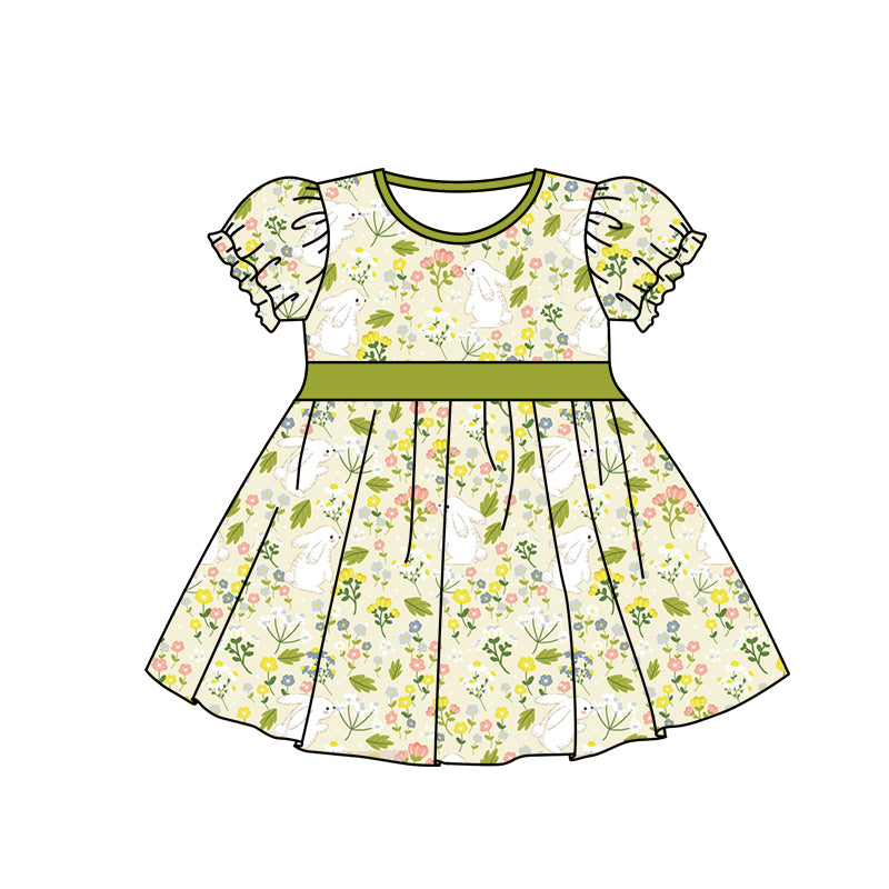 preorder GSD0531 Rabbit flowers green short sleeve girls dress