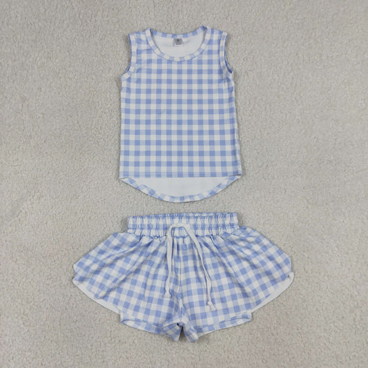 GSSO3479 Yoga Blue Checkered Sleeveless Shorts Girls Set