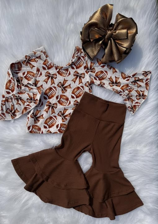 preorder football bows long sleeve brown pants girls set