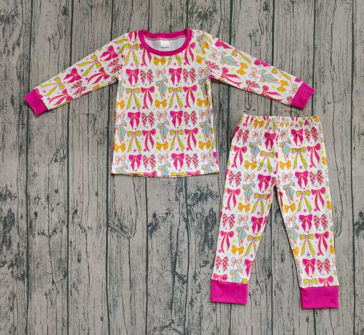 custom moq 20 Bamboo colorful bows hot pink long sleeve pants girls pajamas