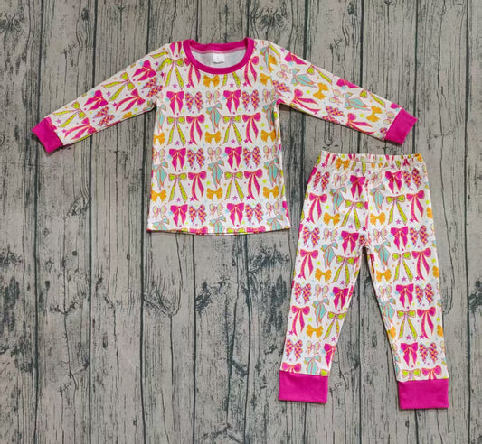 custom moq 20 Bamboo colorful bows hot pink long sleeve pants girls pajamas