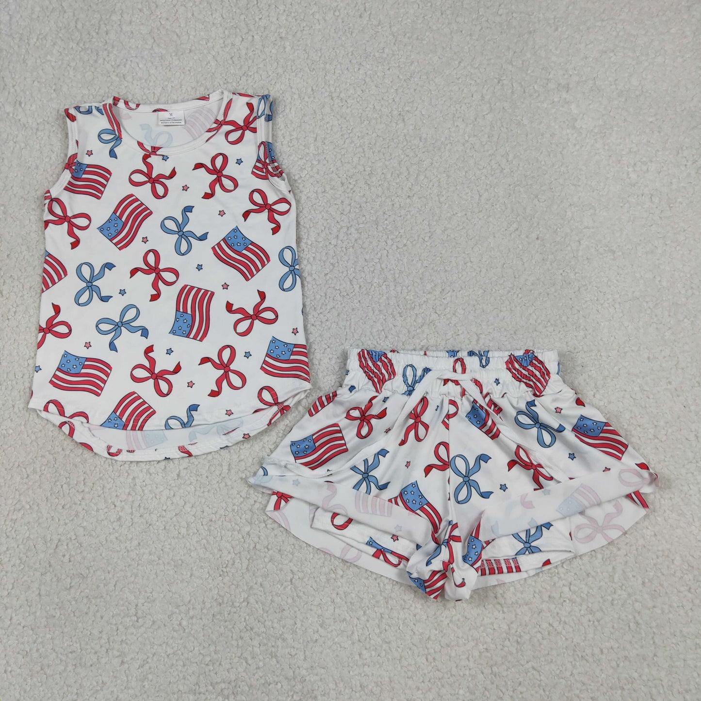 GSSO3520 Yoga July 4th Flag Bows Sleeveless Shorts Girls Set