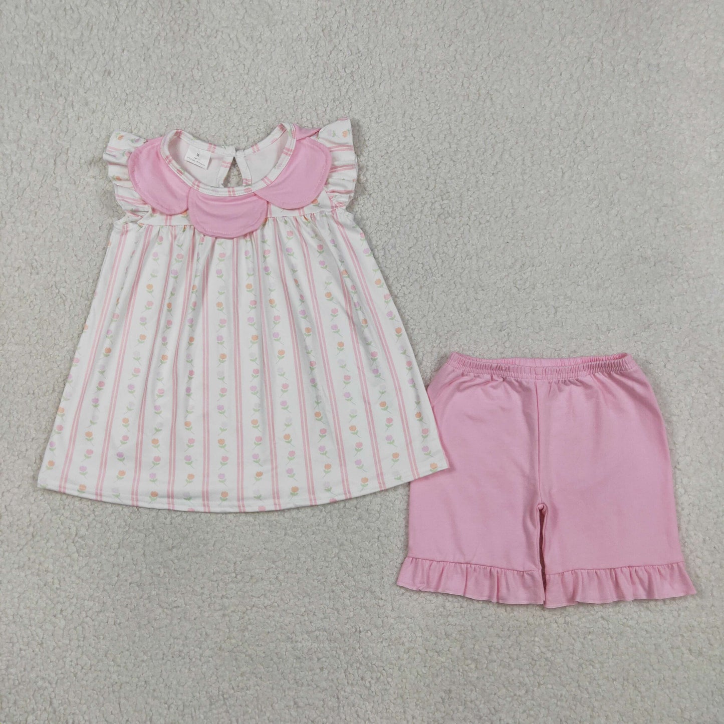 GSSO3363 Pink Flowers Flutter Sleeve Pink Shorts Girls Set
