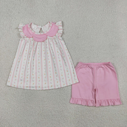 GSSO3363 Pink Flowers Flutter Sleeve Pink Shorts Girls Set