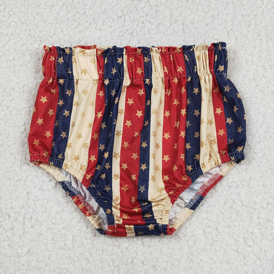 SS0313 July 4th red blue striped star girls bummies shorts