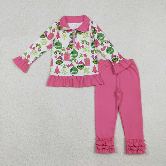 GLP2734 Christmas green face tree zipper long sleeve hot pink pants girls set