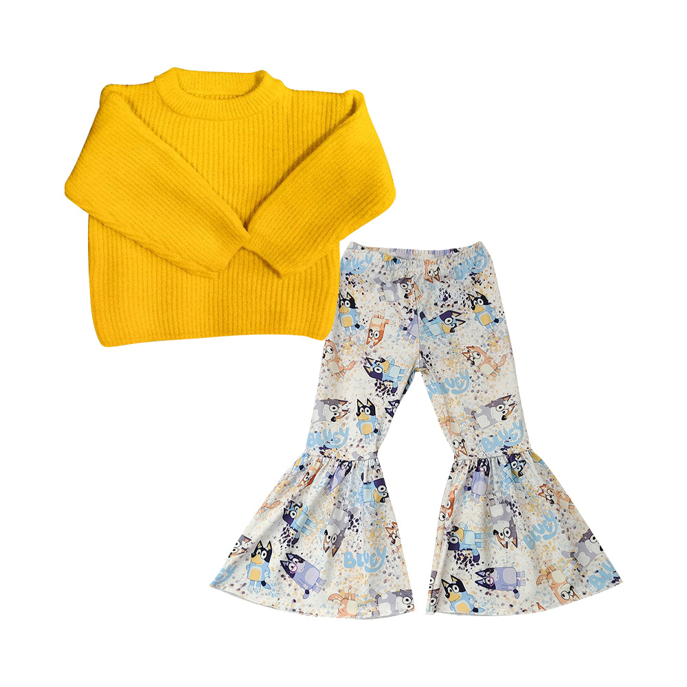 Yellow long sleeve sweater cartoon blue dog pants girls set