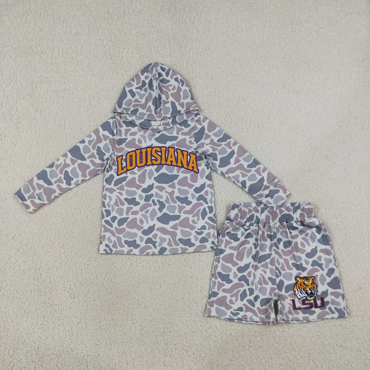 BLS0045 LOUISIANA Team Camo Hoodie Long Sleeve Shorts Boys Set