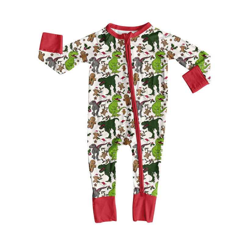 Custom moq 20 bamboo Christmas green dinosaur zipper long sleeve boys romper