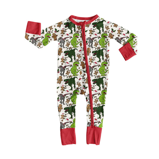 Custom moq 20 bamboo Christmas green dinosaur zipper long sleeve boys romper