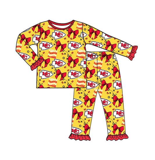 Cutom Moq 3 Football Team KC Red Bows Yellow Long Sleeve Pants Girls Pajamas