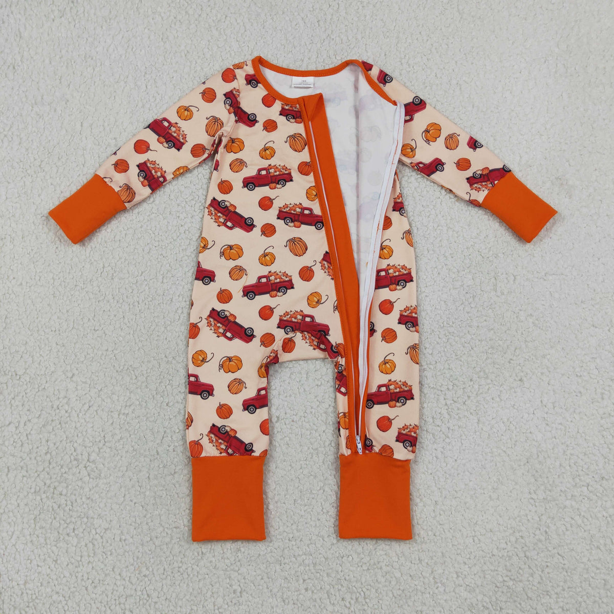 LR3234 Pumpkin Truck Zipper Long Sleeve Boys Romper
