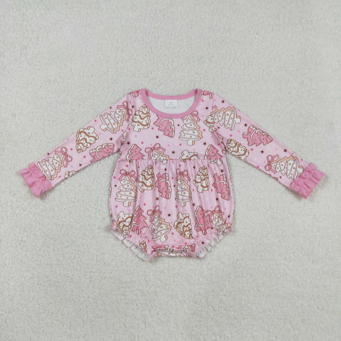 LR2301 Christmas Santa pink bows tree season long sleeve girls romper
