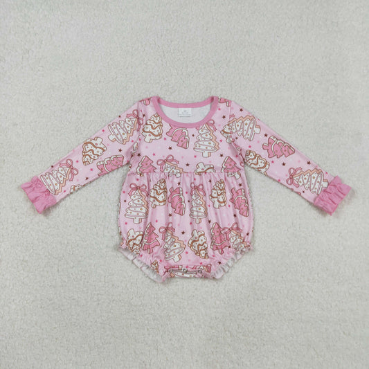LR2301 Christmas Santa pink bows tree season long sleeve girls romper