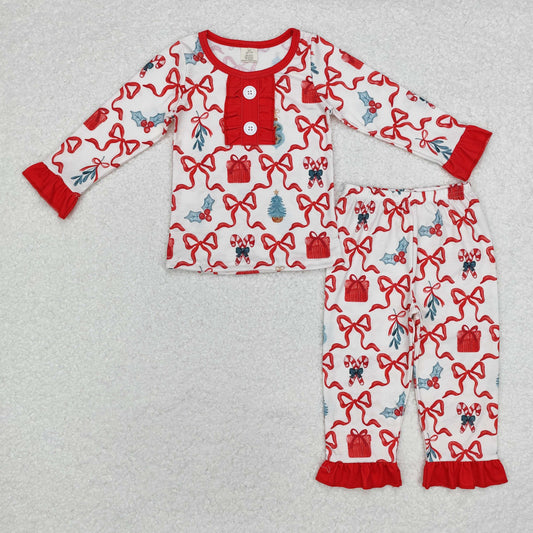 bamboo GLP1201 Christmas bow red long sleeve pants girls pajamas