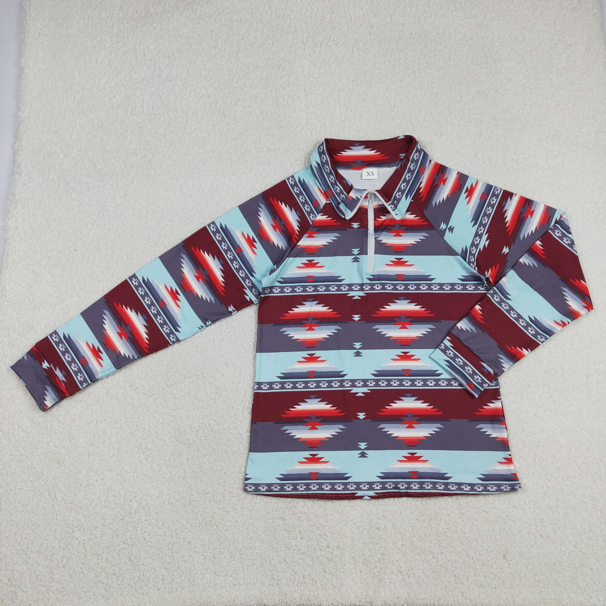 GT0877 Western Aztec blue maroon zipper long sleeve adult women pullover