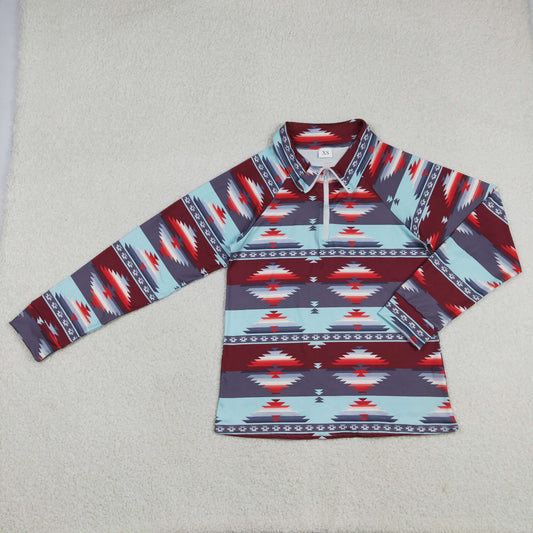 GT0877 Western Aztec blue maroon zipper long sleeve adult women pullover