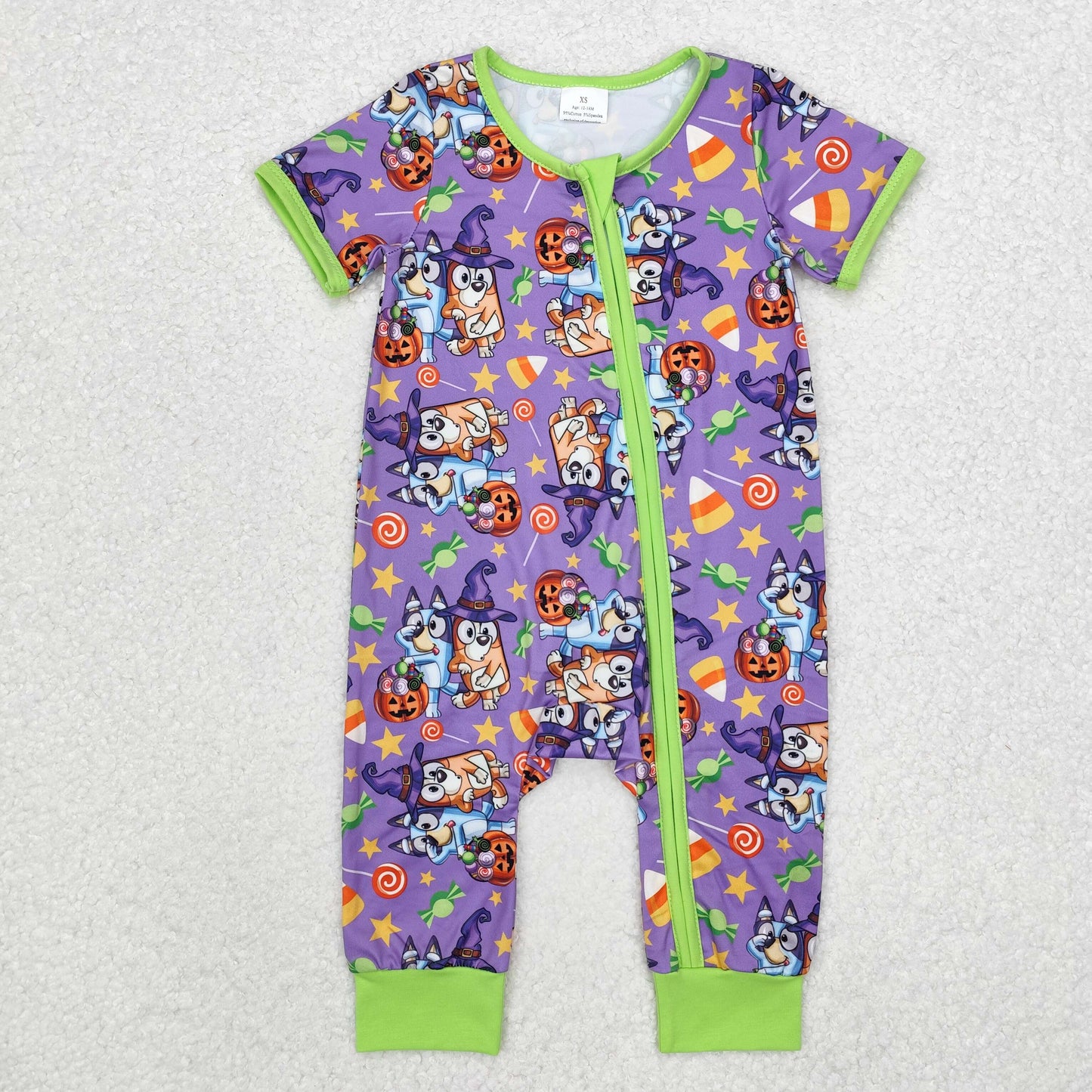 SR1803 Halloween blue dog purple short sleeve girls zipper romper