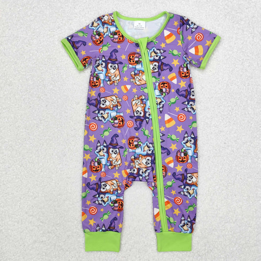 SR1803 Halloween blue dog purple short sleeve girls zipper romper