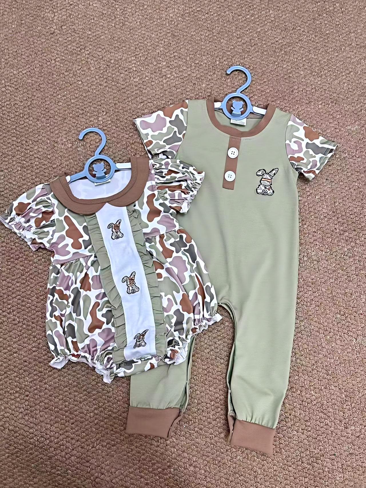 Embroidery Easter Camo Bunny Rabbit Rompers Sibling Clothes RTS