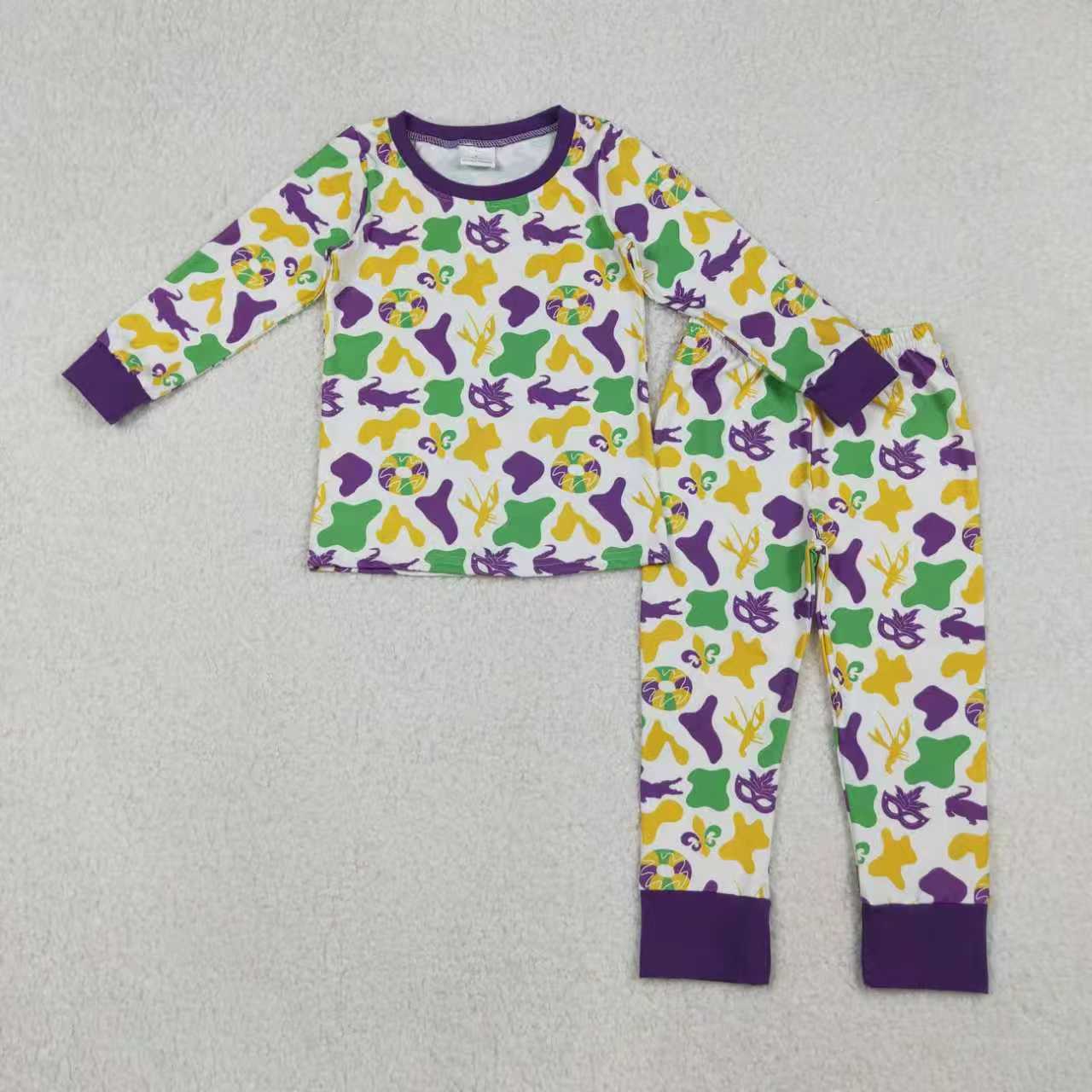 Mardi Gras purple green yellow camo mask romper/set RTS Sibling Clothes