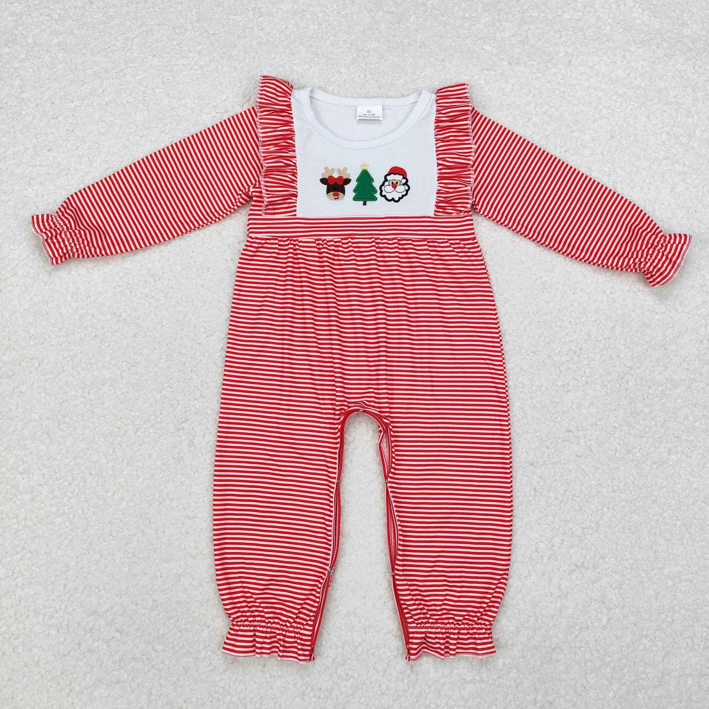 embroidery LR1588 Christmas Santa tree red striped long sleeve girls romper