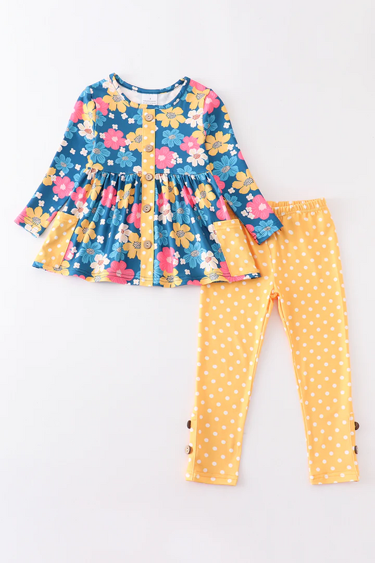custom Colorful Flowers Blue Long Sleeve Yellow Pants Girls Clothes