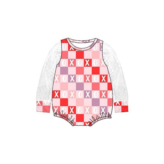 custom Valentine's Day XOXO checkered long sleeve girls romper