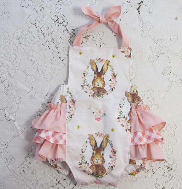 preorder Easter Rabbit Flowers Pink Ruffles Girls Romper