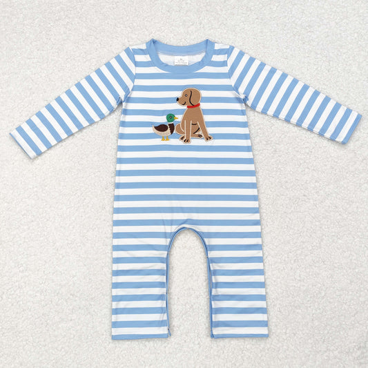 USA SHOP embroidery LR1644 hunting dog mallard duck blue striped long sleeve boys romper