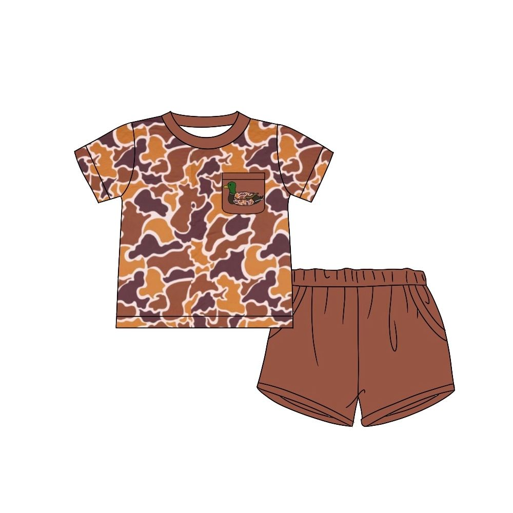 preorder BSSO1013 duck camo hunting camo mallard pocket short sleeve brown shorts boys set
