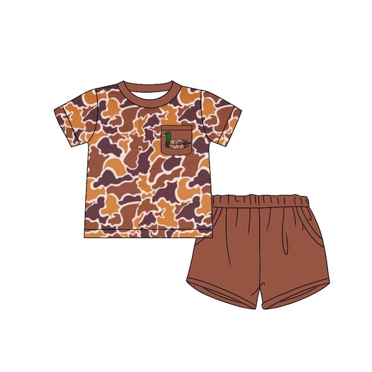 preorder BSSO1013 duck camo hunting camo mallard pocket short sleeve brown shorts boys set