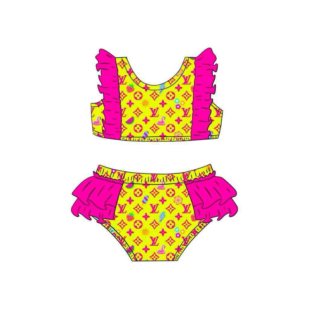 custom Summer swimsming flamingo watermelon hot pink yellow girls 2pcs swimsuits