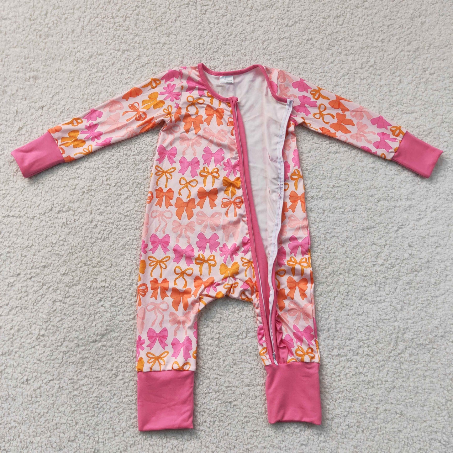LR2567 Bows Hot Pink Zipper Long Sleeve Girls Romper