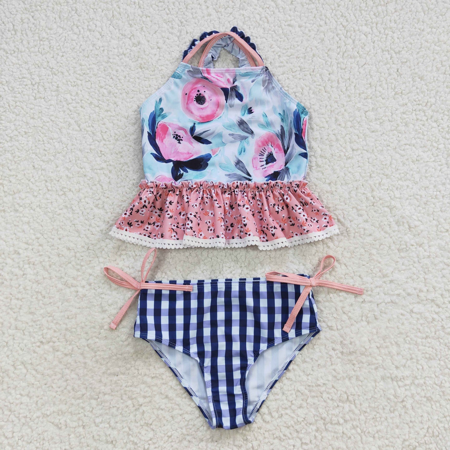 S0158 Flowers blue girls swimsuits