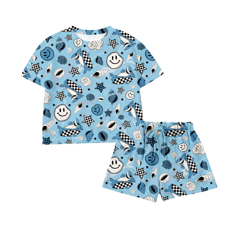 Preorder Shark Smiles Blue Short Sleeve Shorts Boys Set