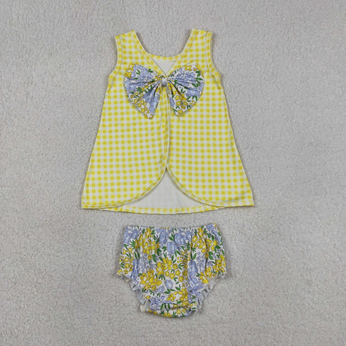 GBO0504 Floral Patchwork With Bow Sleeveless Girls Bummies Set