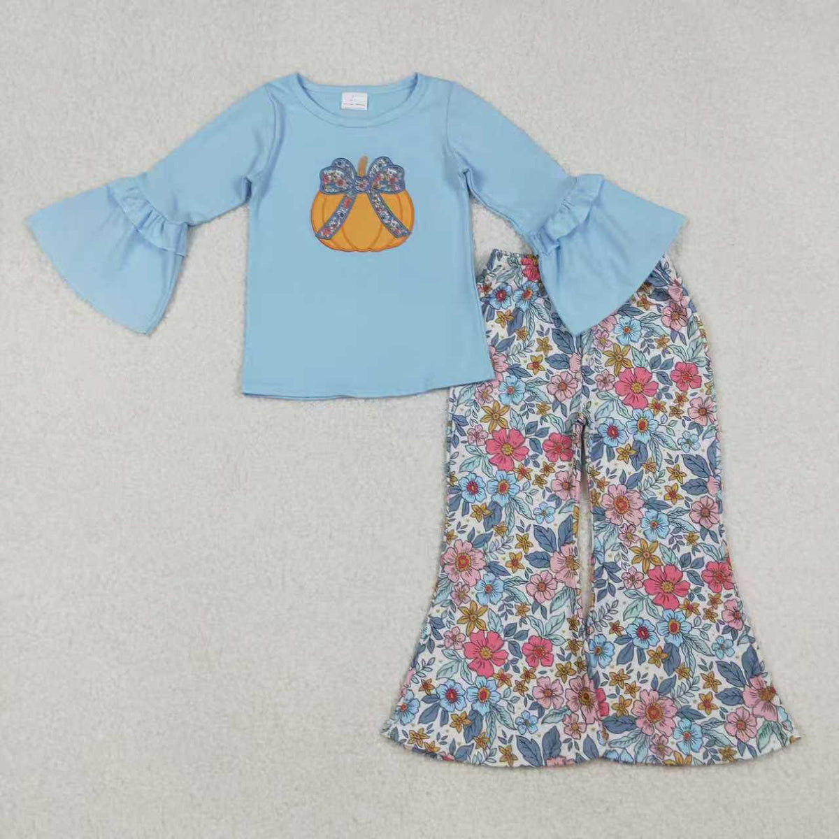 embroidery pumpkin bow flowers blue romper/set RTS Sibling Clothes