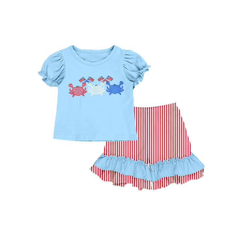 Custom July 4th crab blue short sleeve red striped shorts girls set moq 3