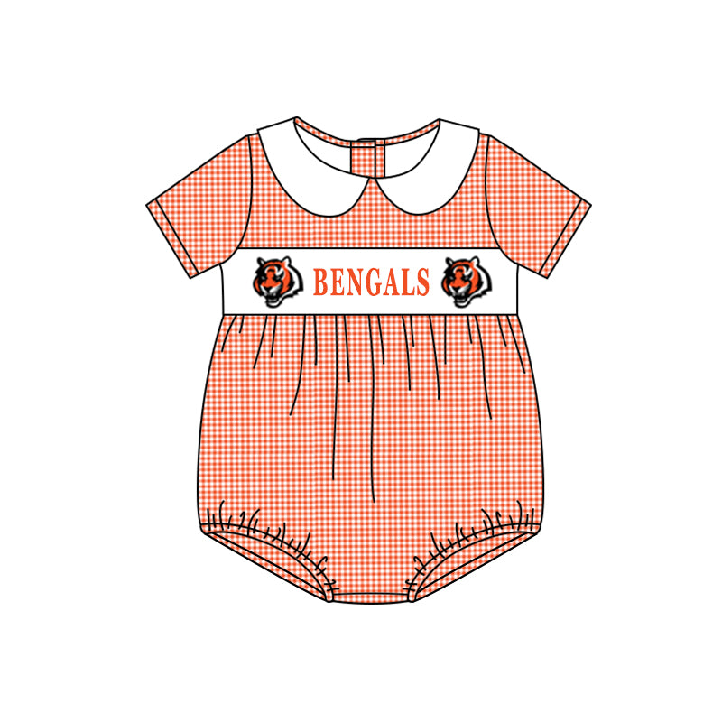 custom style football team tiger orange checkered short sleeve girls romper 2