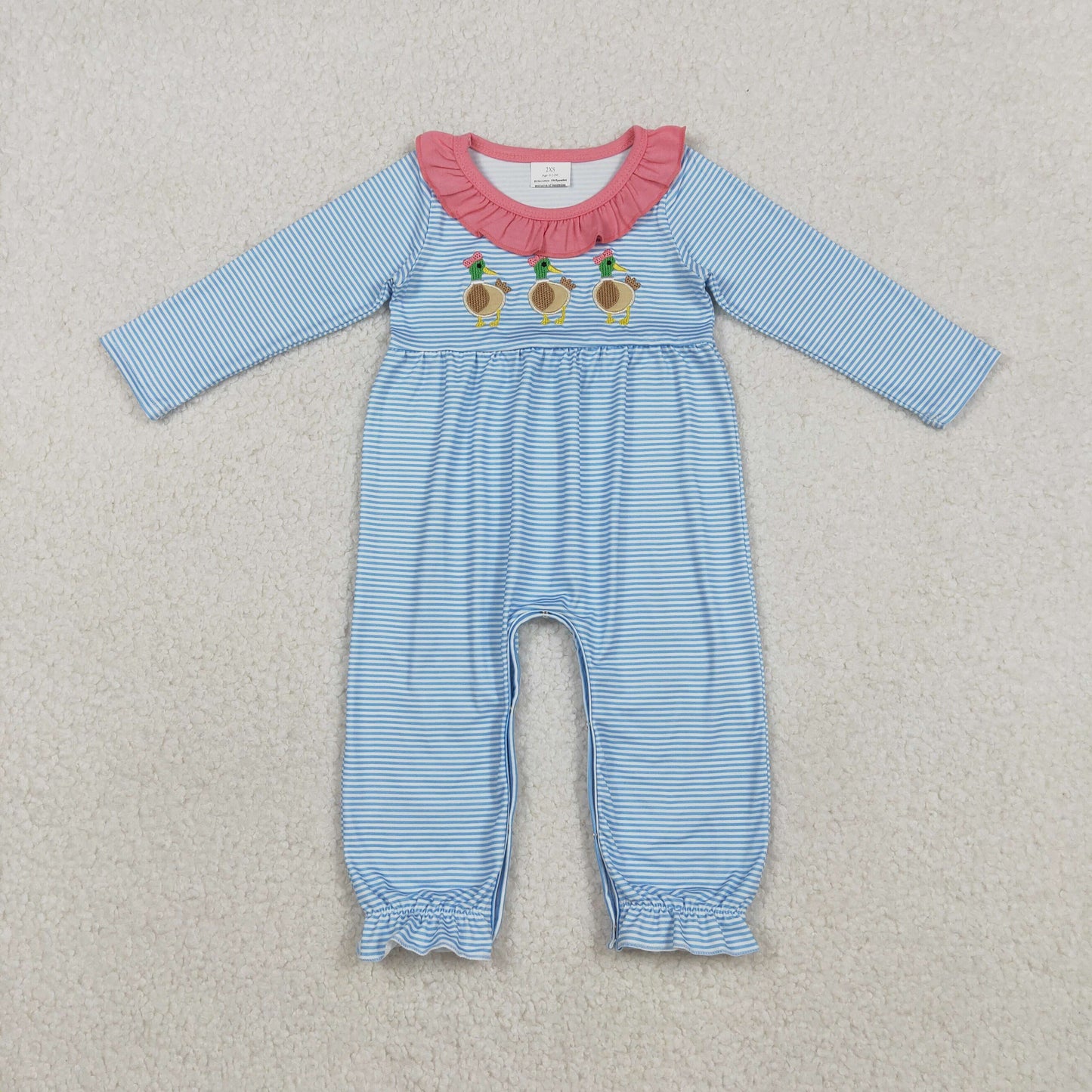 Embroidery LR2738 hunting mallard duck blue striped long sleeve girls romper