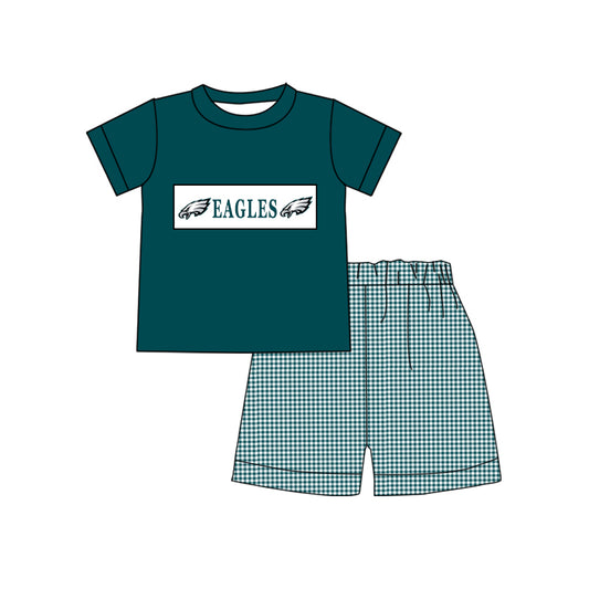 custom style football team eagle green short sleeve green checkered shorts boys set