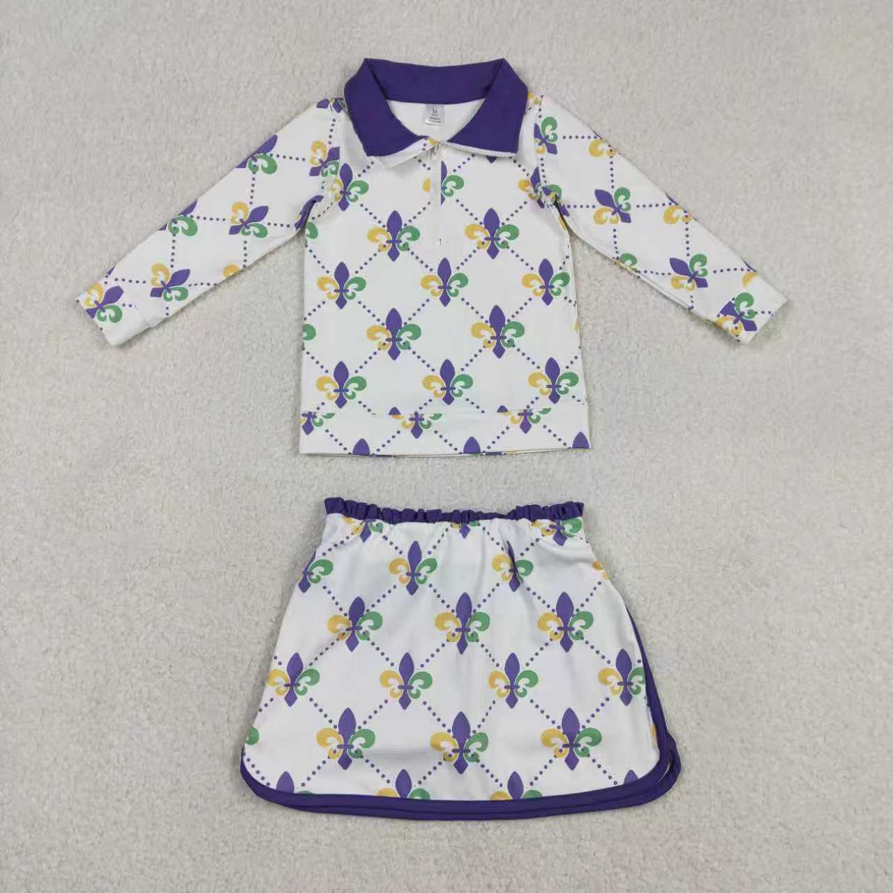 Yoga Mardi Gras Zipper Long Sleeve Skorts Girls Set Sibling Clothes