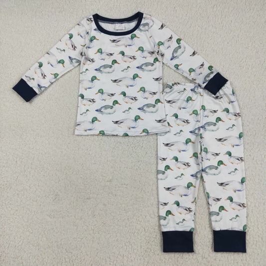 Custom moq 20 bamboo mallard duck navy blue long sleeve pants boys pajamas