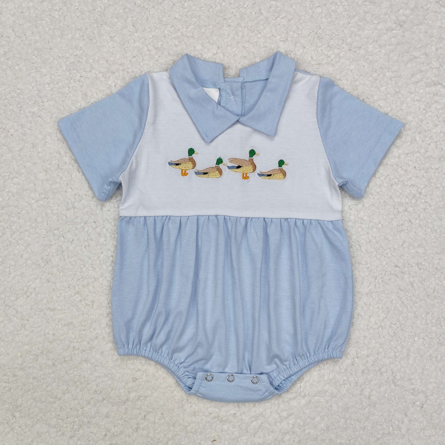 embroidery SR2071 cartoon blue mallard duck blue short sleeve girls romper