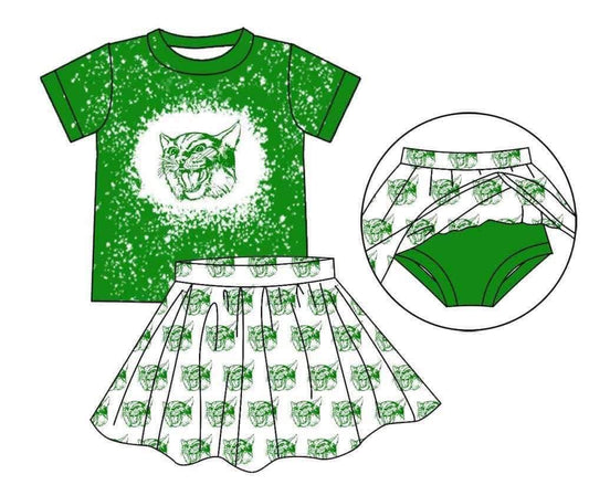 custom football team wild cat green short sleeve skirt girls 2pcs set