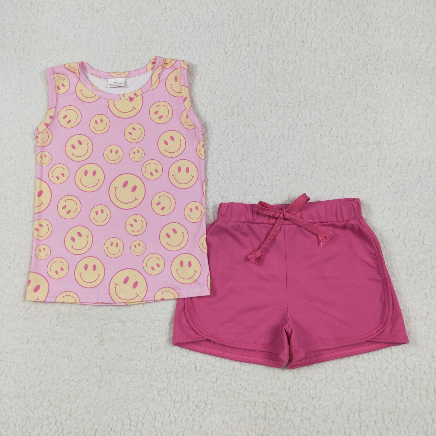 GSSO2605 cute smile pink sleeveless hot pink shorts Summer girls set