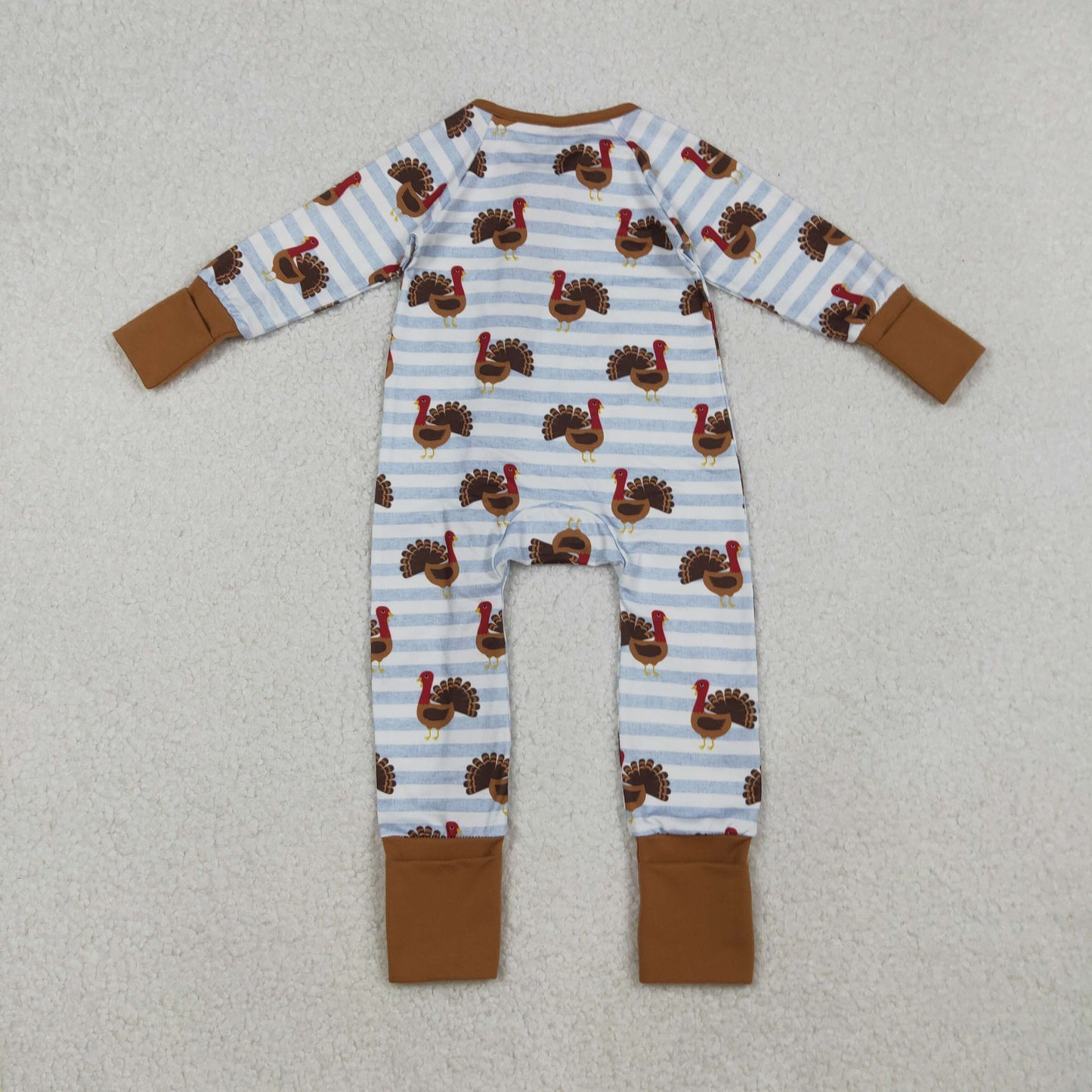 LR1191 Thanksgiving turley blue striped brown zipper long sleeve boys romper