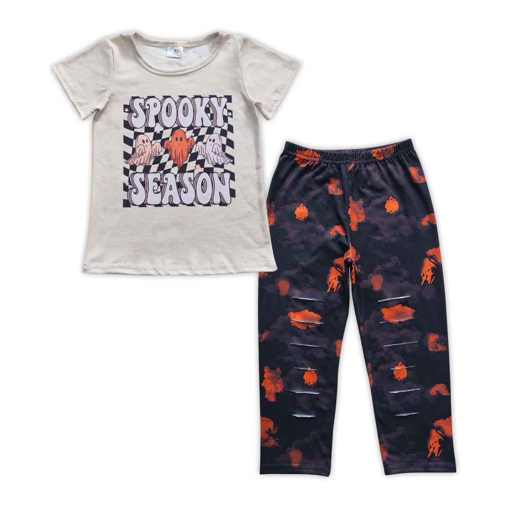 GSPO0872 Halloween spooky short sleeve ripped black pants girls set