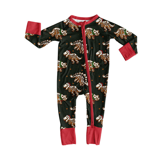 Custom moq 20 bamboo Christmas dinosaur black zipper long sleeve boys romper